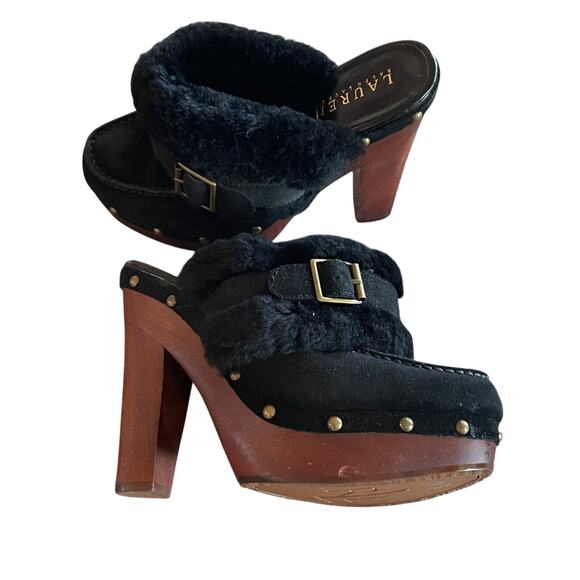 LAUREN RALPH LAUREN Woman's Size 6.5 Black Suede Faux Fur 5" Heel Platform Clogs - Picture 7 of 12